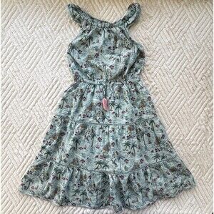 Fat Face Girls Size 7-8Y Beach Print Tiered Dress Aqua Tassel Summer Cotton Boho